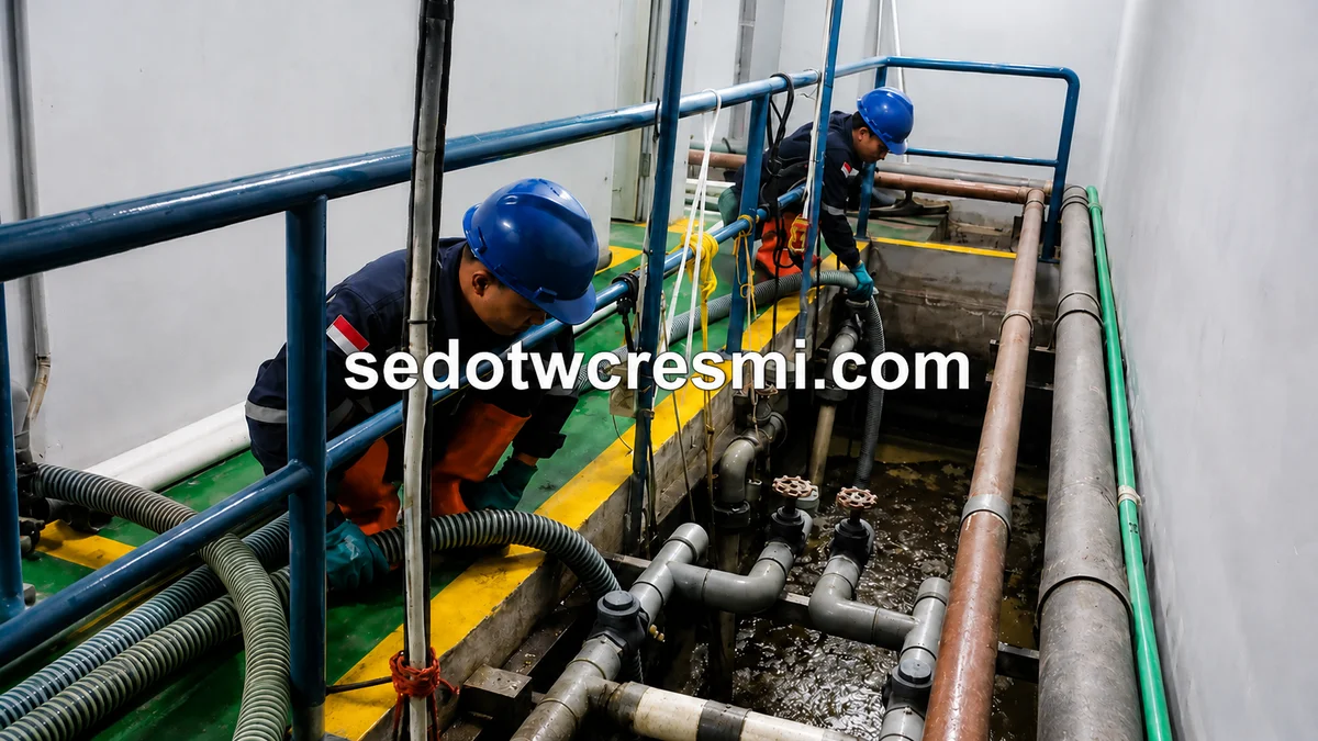 Teknisi melakukan cleaning IPAL dan penyedotan limbah cair menggunakan selang vakum profesional.