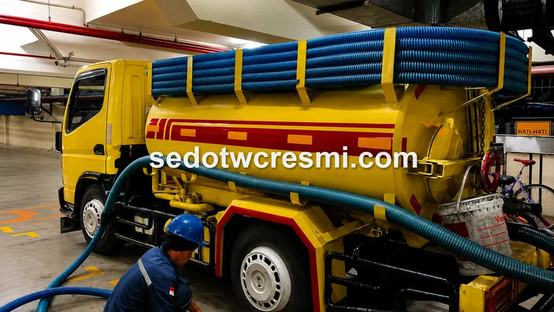 Teknisi mengoperasikan armada sedot limbah IPAL untuk proses cleaning dan pengangkutan limbah cair.