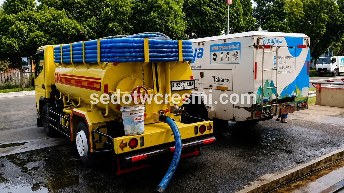 Truk tangki Sedot WC Resmi melakukan pembuangan limbah resmi di Pajaya