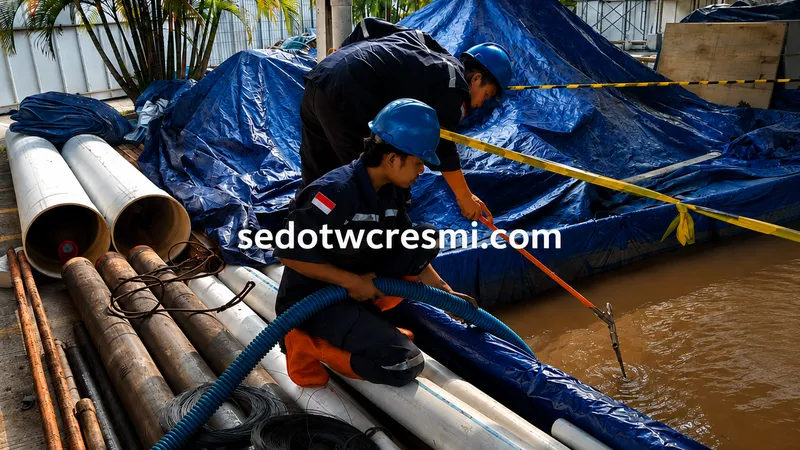 Teknisi melakukan proses sedot bak limbah Jakarta menggunakan armada vakum profesional.