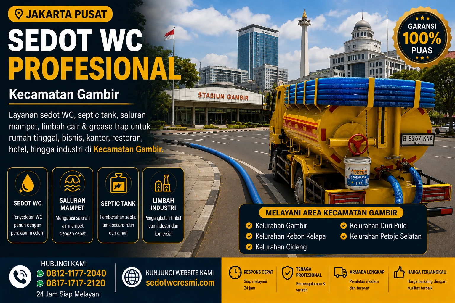 Jasa sedot WC profesional Kecamatan Gambir Jakarta Pusat dengan truk sedot limbah