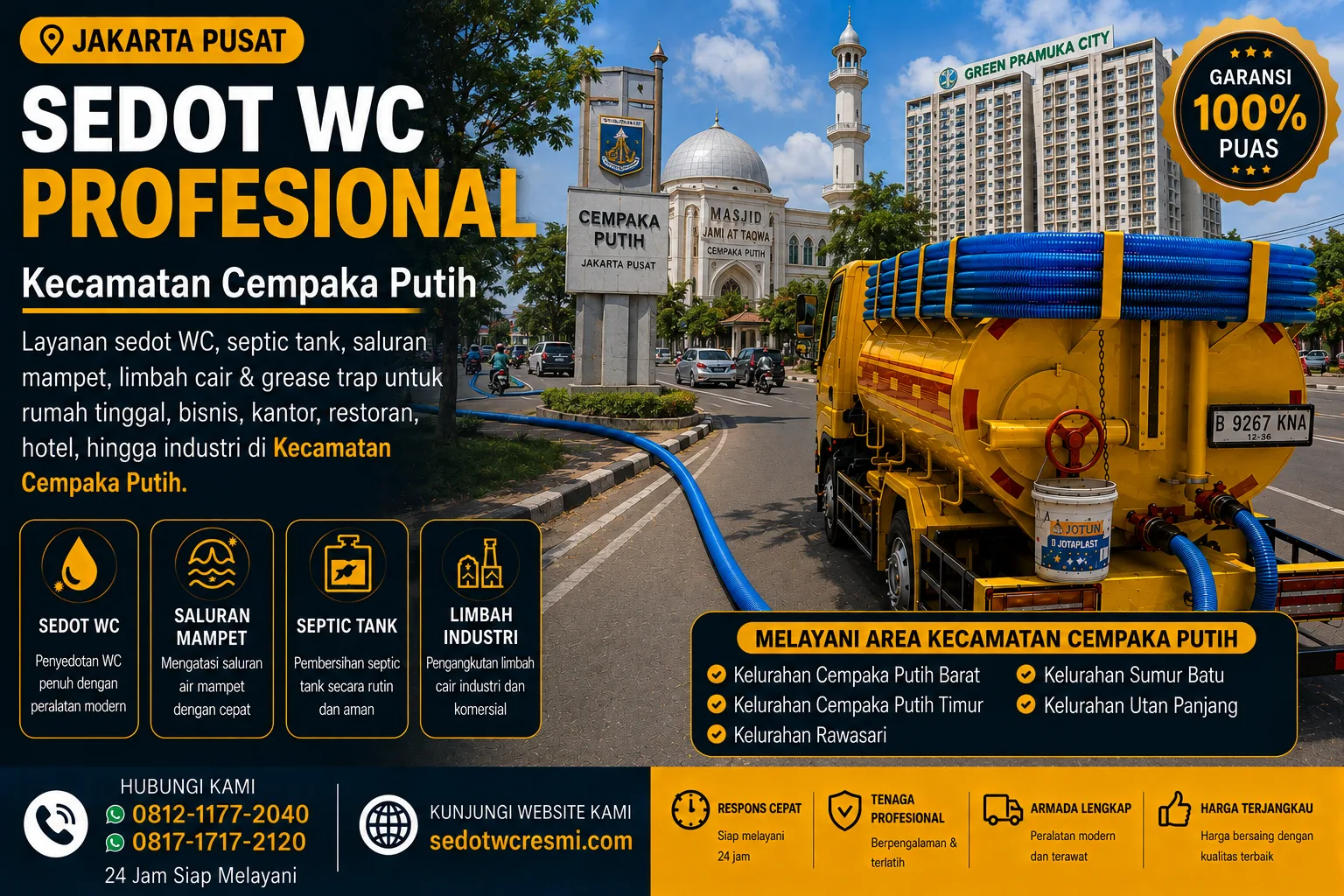 Jasa sedot WC profesional Kecamatan Cempaka Putih Jakarta Pusat dengan armada sedot septic tank