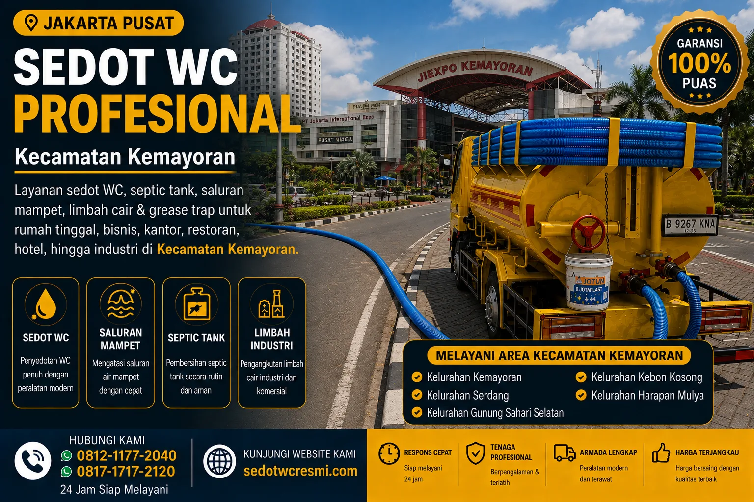 Jasa sedot WC profesional Kecamatan Kemayoran Jakarta Pusat dengan armada tangki kuning