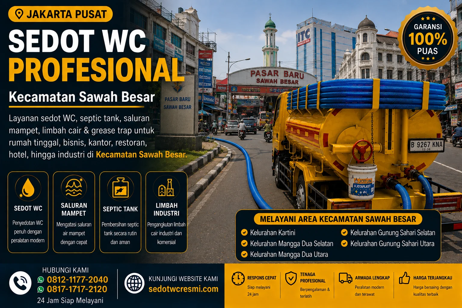 Jasa sedot WC profesional Kecamatan Sawah Besar Jakarta Pusat dengan truk sedot limbah