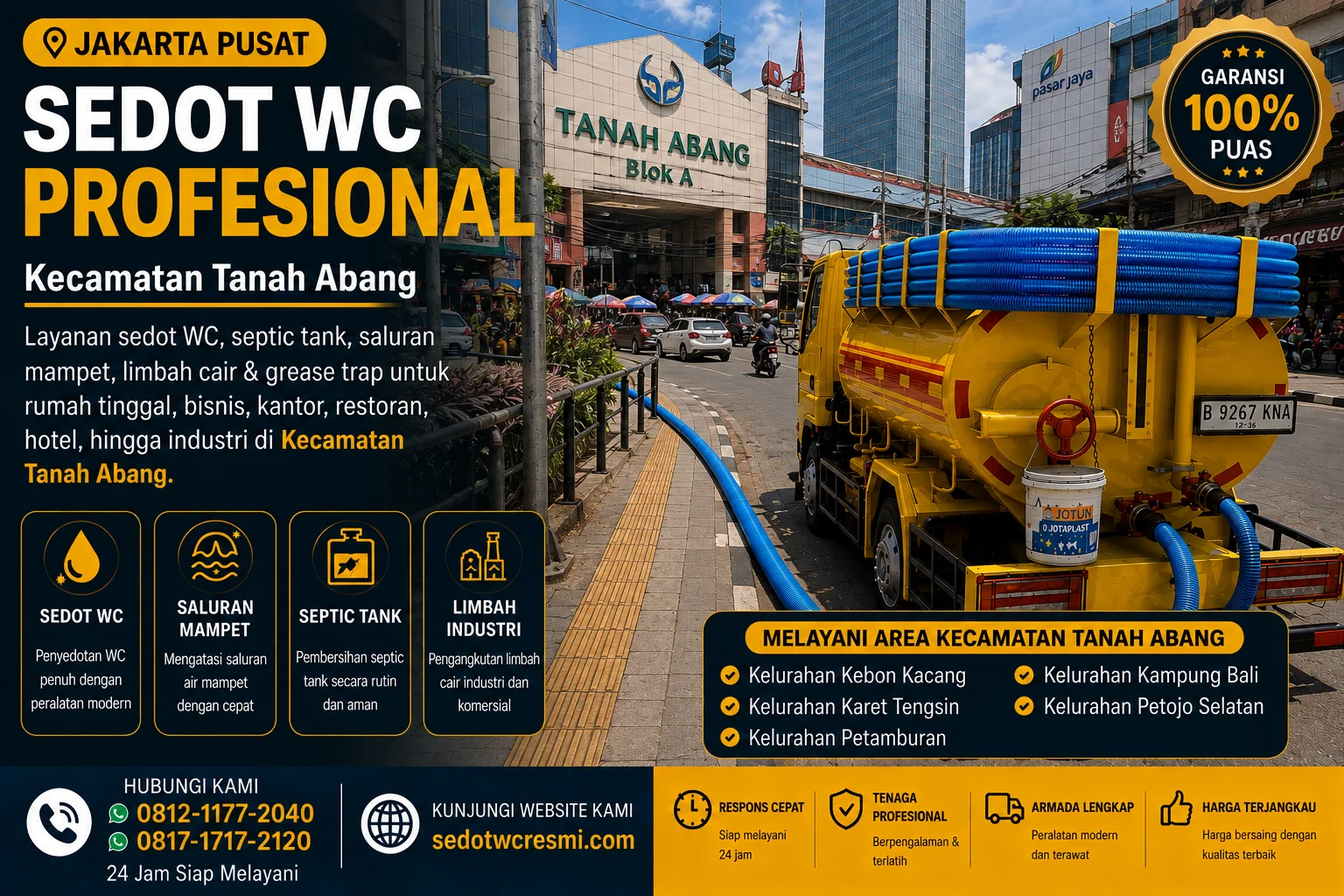 Jasa sedot WC profesional Kecamatan Tanah Abang Jakarta Pusat dengan armada sedot septic tank