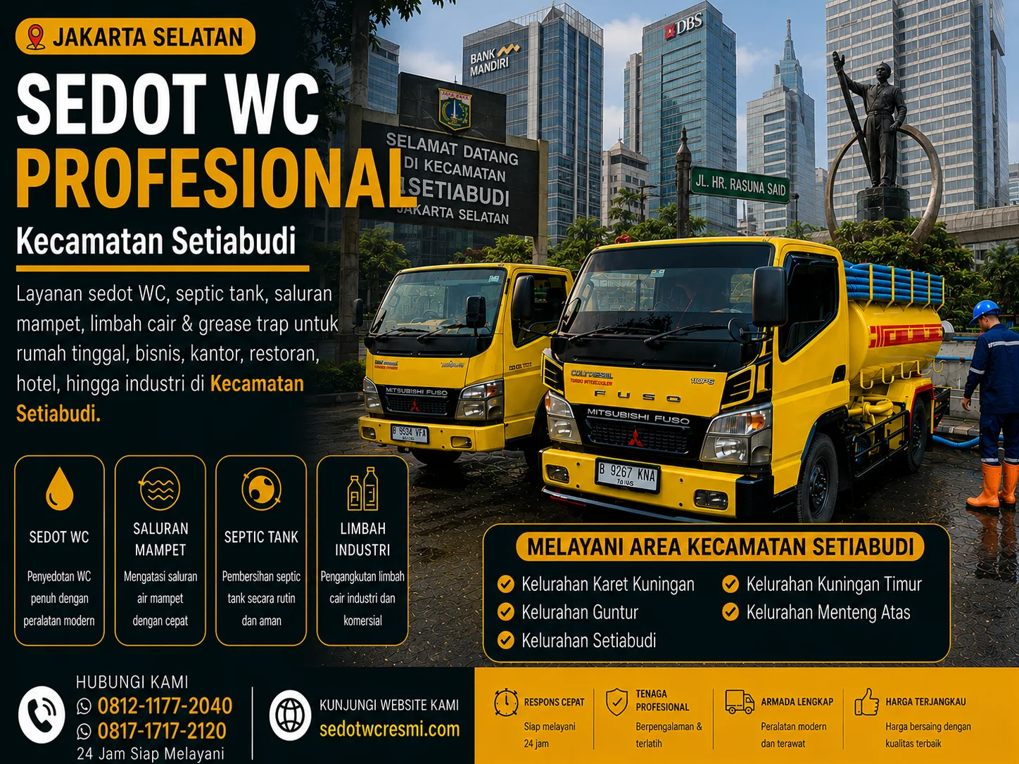 Sedot WC profesional di Kecamatan Setiabudi Jakarta Selatan dengan armada truk tangki kuning